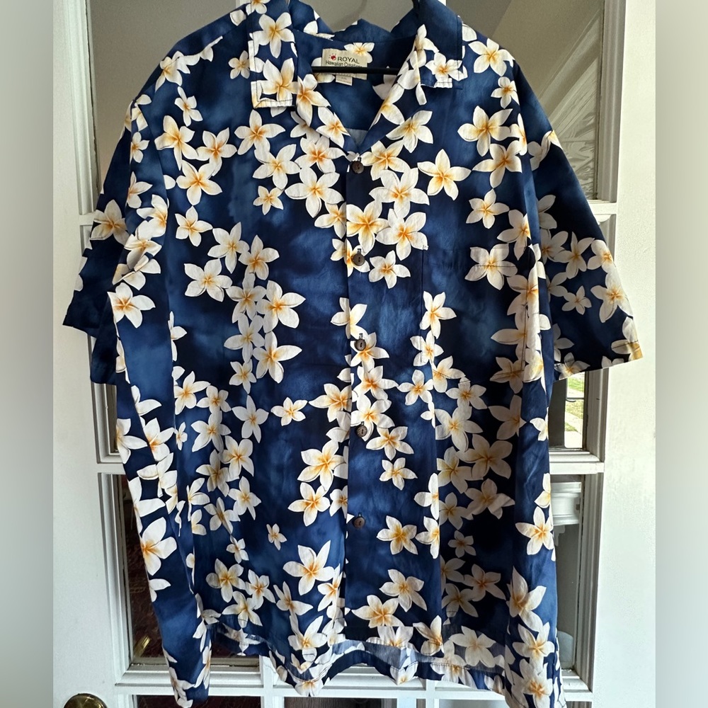 Navy blue Aloha shirt covered in plumeria—Royal Hawaiian Creation 3X